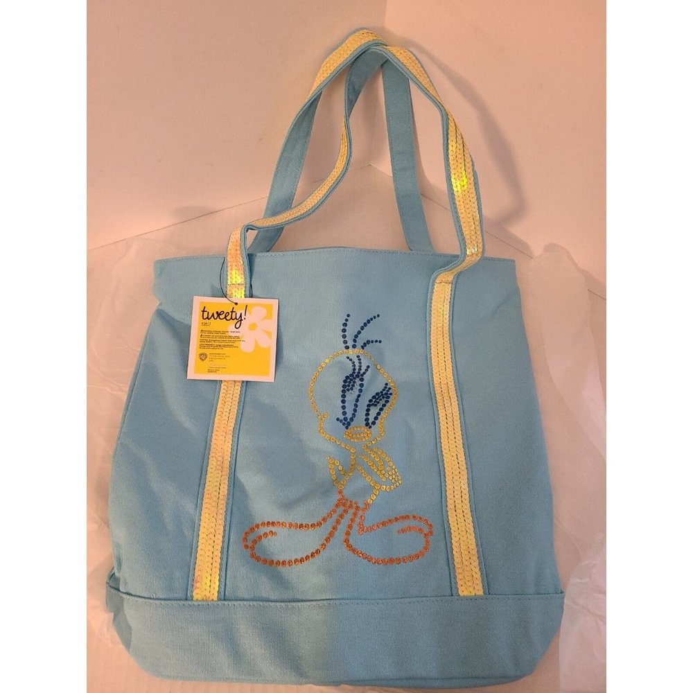 Vintage Avon Looney Tunes Tweety Bird Blue Sequin Canvas Shopper Tote Large Bag